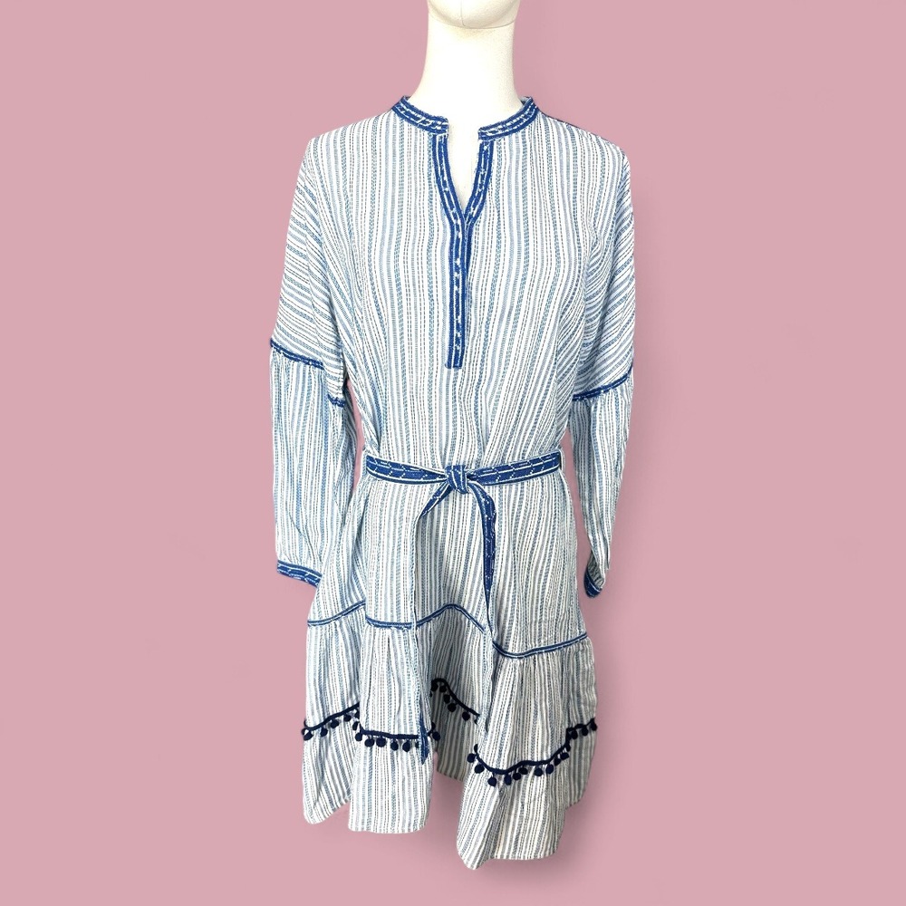 RAGA Womens Dress Striped Blue White Tiered‎ Long Sleeve Boho PomPom Belt S
